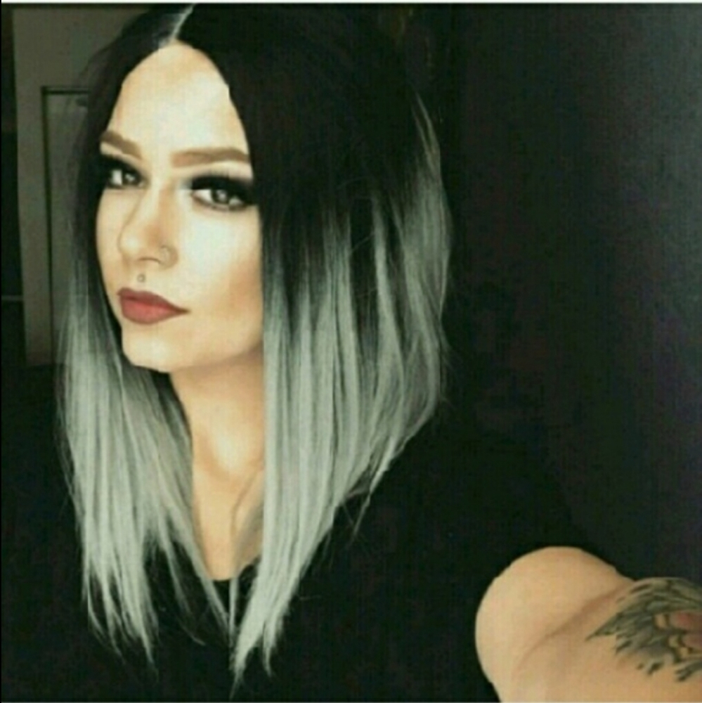 Black silver gray bob wig